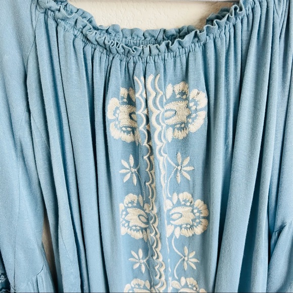 Altar’d State Blue Bardot Off Shoulder Cream Embroidered Bell Sleeve Blouse - Picture 4 of 15